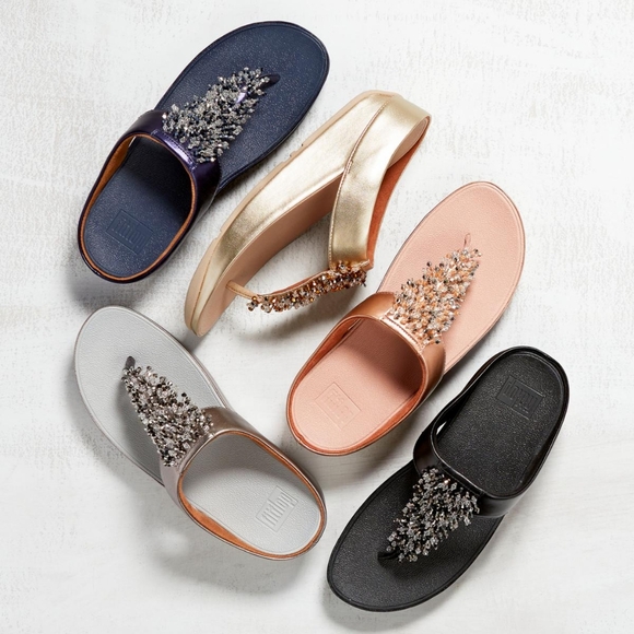 Black FitFlop Rumba Beaded Metallic Toe Post Wedge Sandal NIB - Picture 7 of 8